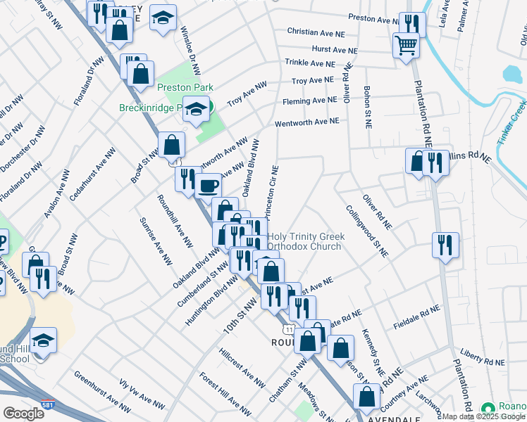 map of restaurants, bars, coffee shops, grocery stores, and more near 3448 Princeton Circle Northeast in Roanoke