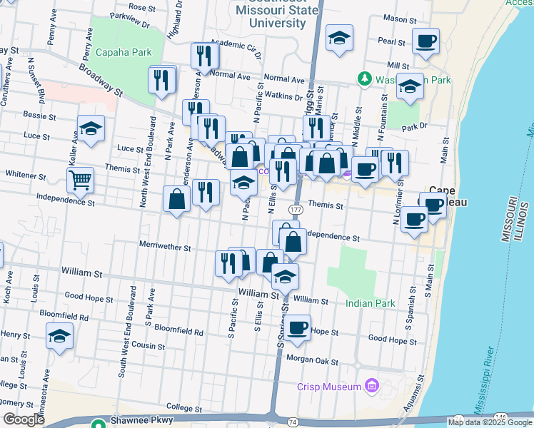 map of restaurants, bars, coffee shops, grocery stores, and more near 21 North Ellis Street in Cape Girardeau