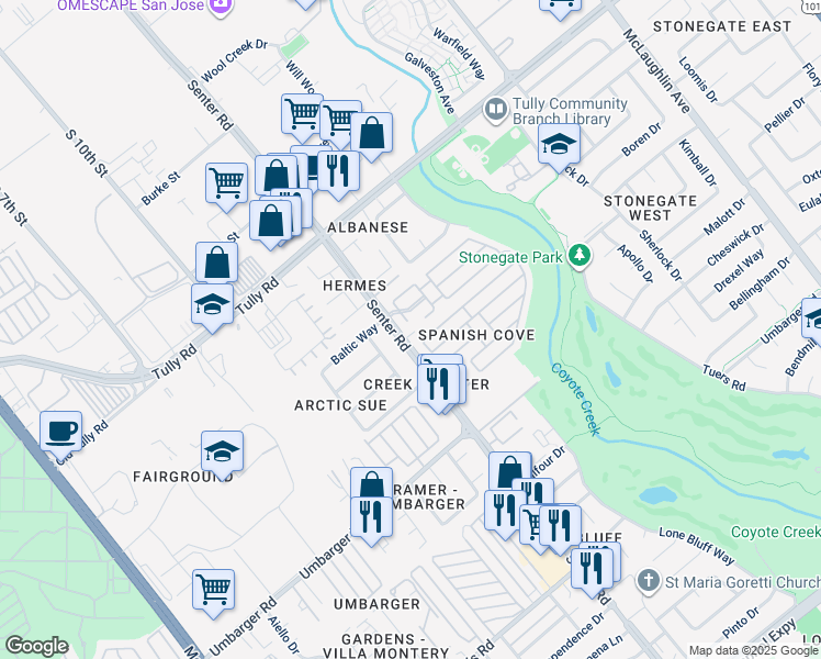 map of restaurants, bars, coffee shops, grocery stores, and more near 2600 Senter Road in San Jose