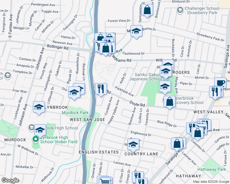 map of restaurants, bars, coffee shops, grocery stores, and more near 5191 Doyle Road in San Jose