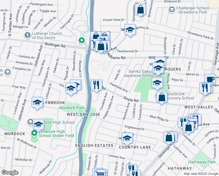 map of restaurants, bars, coffee shops, grocery stores, and more near 5187 Doyle Road in San Jose