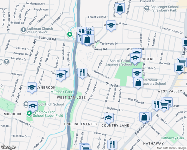 map of restaurants, bars, coffee shops, grocery stores, and more near 5187 Doyle Road in San Jose