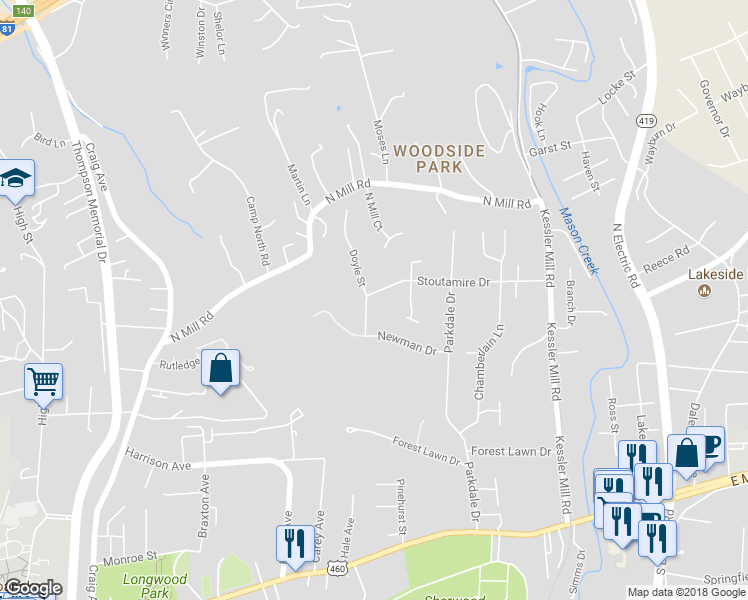 map of restaurants, bars, coffee shops, grocery stores, and more near 1100 Stoutamire Drive in Salem