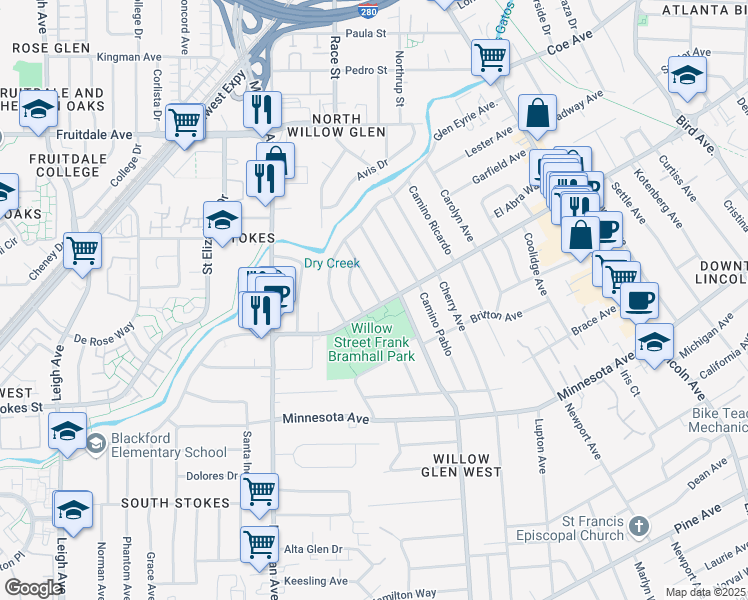 map of restaurants, bars, coffee shops, grocery stores, and more near 1091 Glen Brook Avenue in San Jose