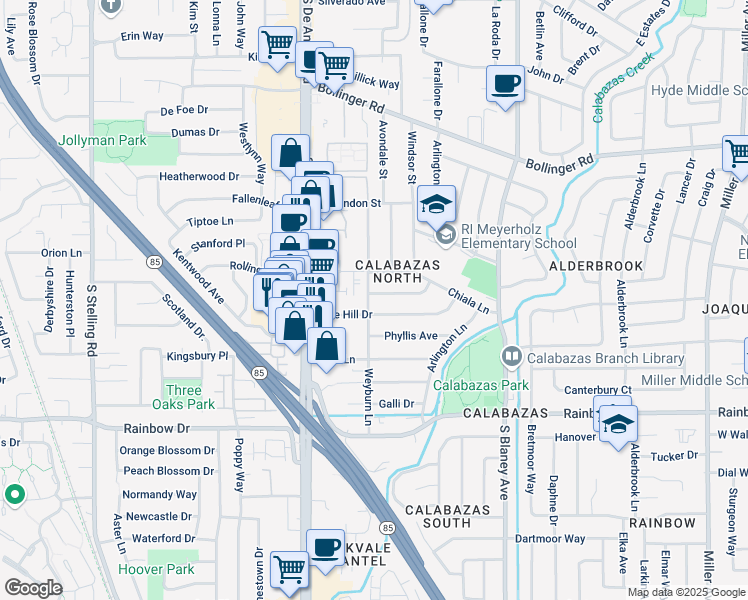map of restaurants, bars, coffee shops, grocery stores, and more near 7146 Golden Gate Drive in San Jose