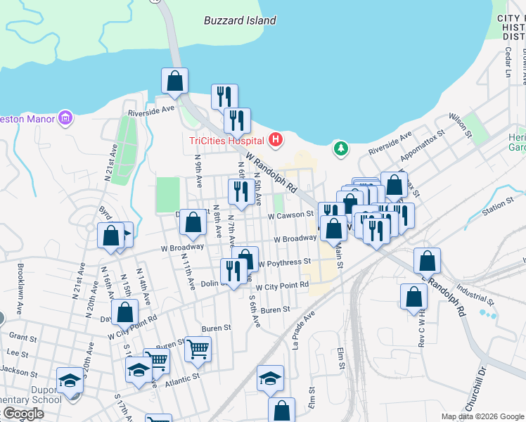 map of restaurants, bars, coffee shops, grocery stores, and more near 403 North 5th Avenue in Hopewell