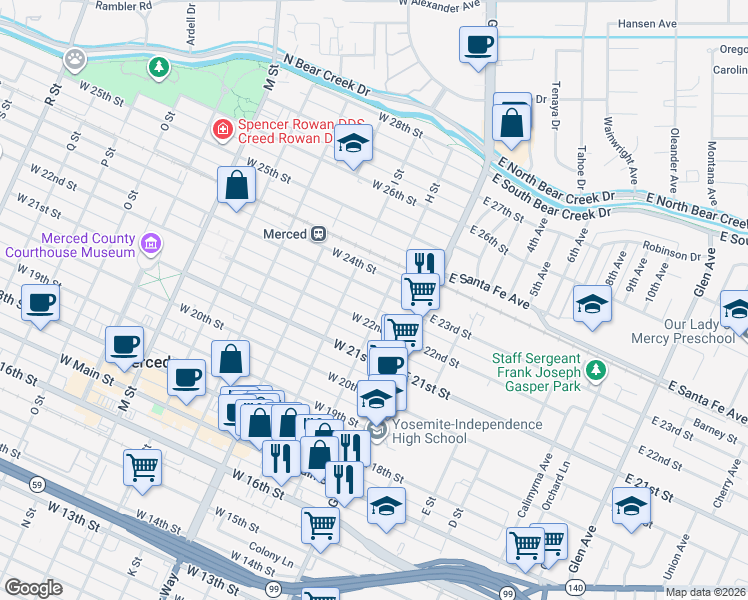 map of restaurants, bars, coffee shops, grocery stores, and more near 2228 H Street in Merced