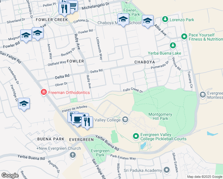 map of restaurants, bars, coffee shops, grocery stores, and more near 3155 Falls Creek Drive in San Jose