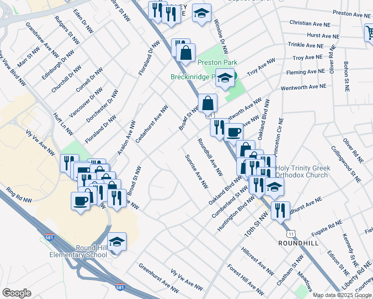 map of restaurants, bars, coffee shops, grocery stores, and more near 3751 Sunrise Avenue Northwest in Roanoke