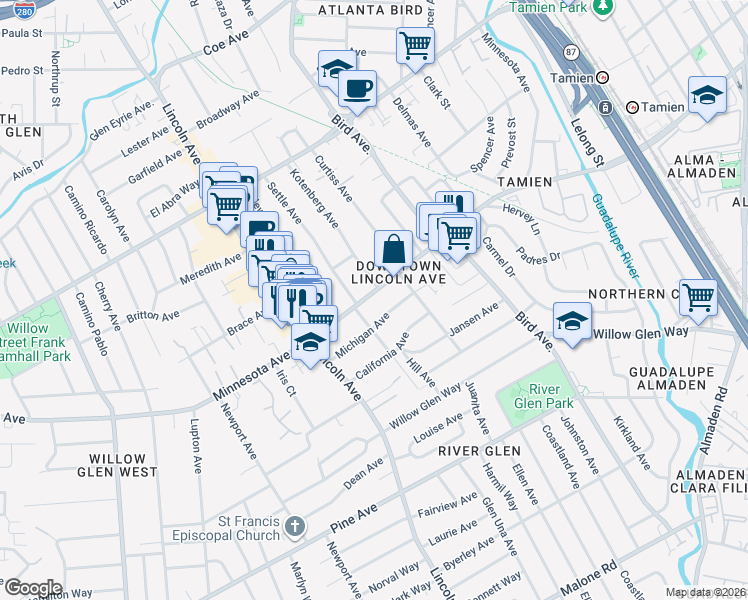 map of restaurants, bars, coffee shops, grocery stores, and more near 984 Minnesota Avenue in San Jose