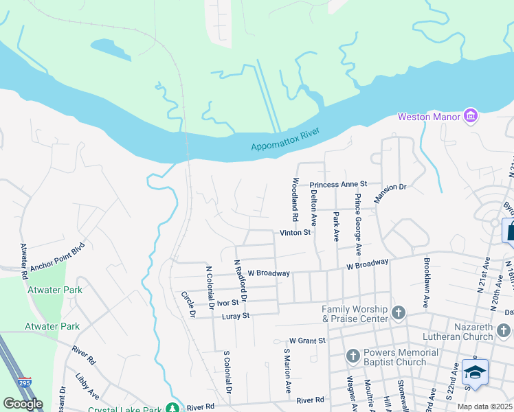 map of restaurants, bars, coffee shops, grocery stores, and more near 104 Peter Francisco Drive in Hopewell