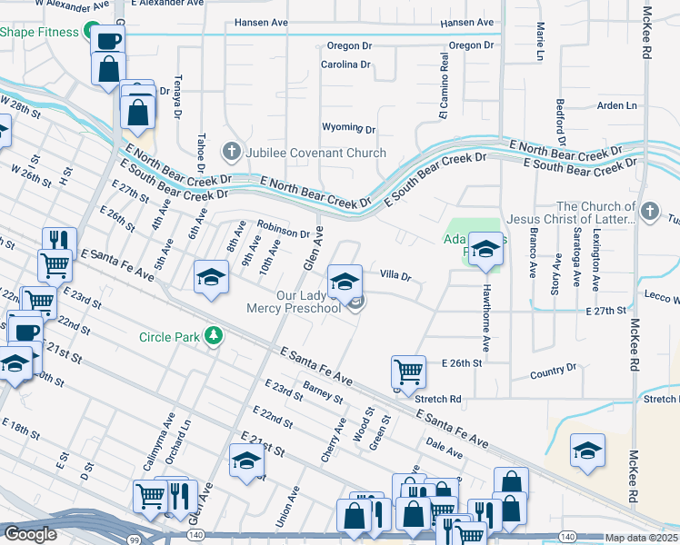 map of restaurants, bars, coffee shops, grocery stores, and more near 2727 Midge Avenue in Merced