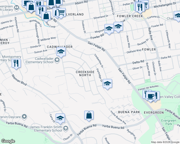 map of restaurants, bars, coffee shops, grocery stores, and more near 4046 Yerba Buena Avenue in San Jose