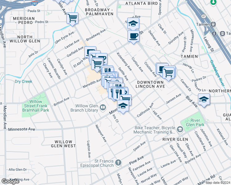map of restaurants, bars, coffee shops, grocery stores, and more near 1264 Lincoln Avenue in San Jose