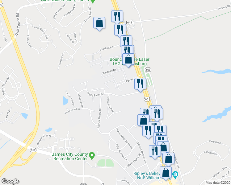 map of restaurants, bars, coffee shops, grocery stores, and more near 249 Waltz Farm Drive in Williamsburg