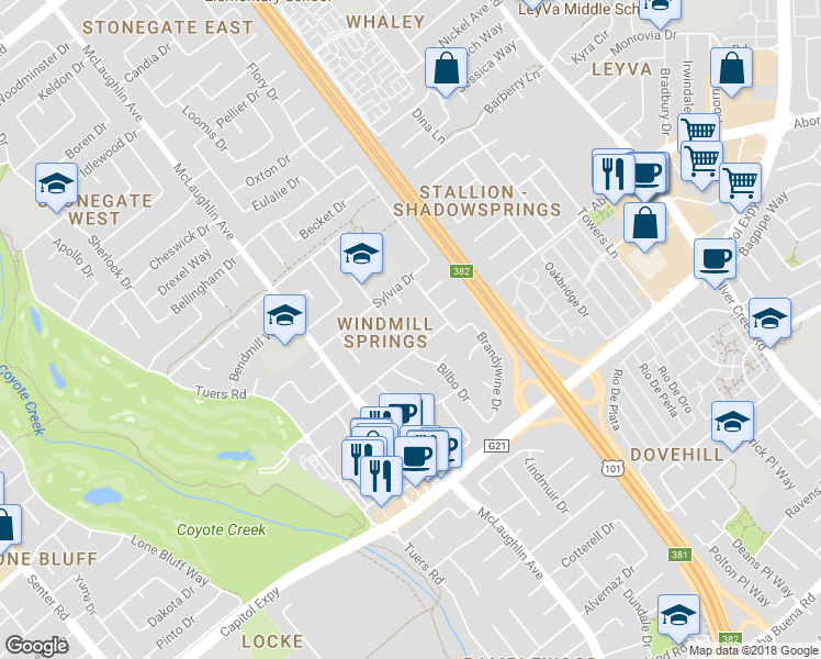 map of restaurants, bars, coffee shops, grocery stores, and more near 2971 Aetna Way in San Jose