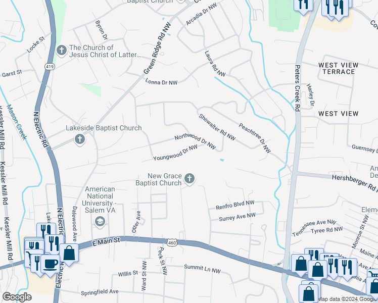 map of restaurants, bars, coffee shops, grocery stores, and more near 5038 Youngwood Drive Northwest in Roanoke