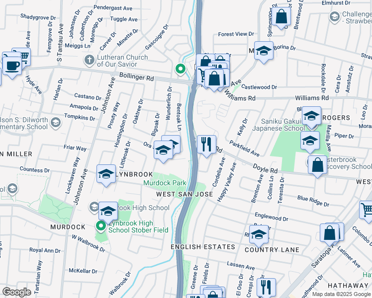 map of restaurants, bars, coffee shops, grocery stores, and more near 1154 Bentoak Lane in San Jose