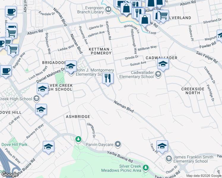 map of restaurants, bars, coffee shops, grocery stores, and more near 2224 Golden Dew Circle in San Jose