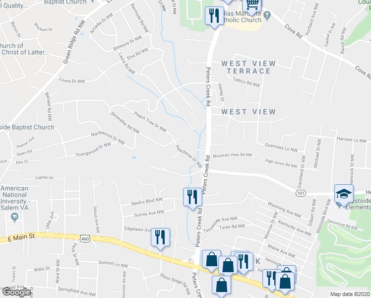 map of restaurants, bars, coffee shops, grocery stores, and more near 4519 Peachtree Drive Northwest in Roanoke