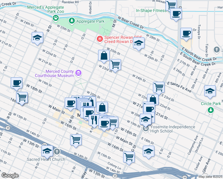 map of restaurants, bars, coffee shops, grocery stores, and more near 329 West 21st Street in Merced