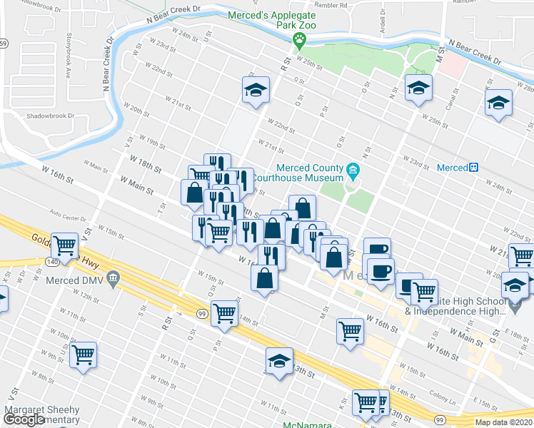map of restaurants, bars, coffee shops, grocery stores, and more near 909 West 18th Street in Merced