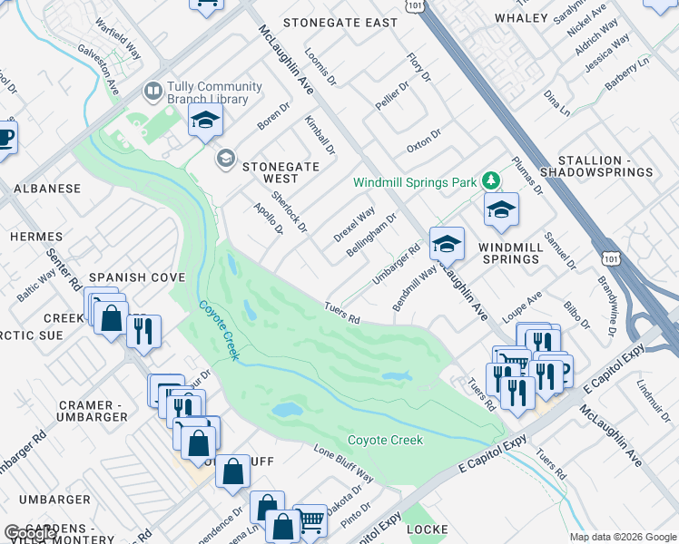 map of restaurants, bars, coffee shops, grocery stores, and more near 1029 Summerfield Drive in San Jose
