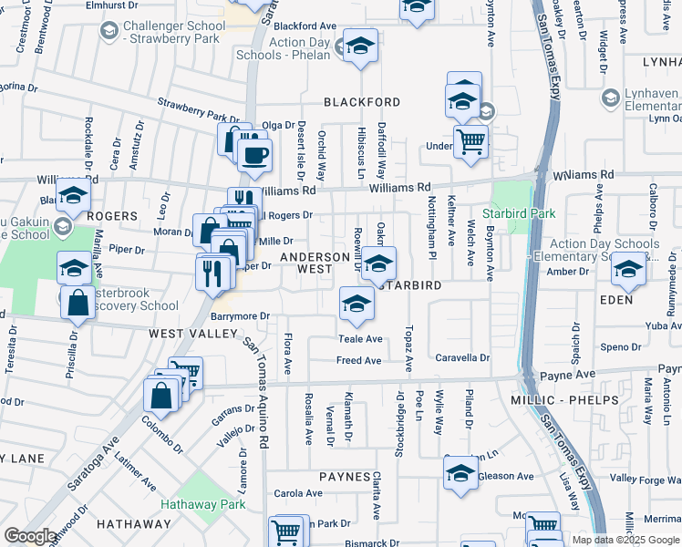 map of restaurants, bars, coffee shops, grocery stores, and more near 1137 Roewill Drive in San Jose