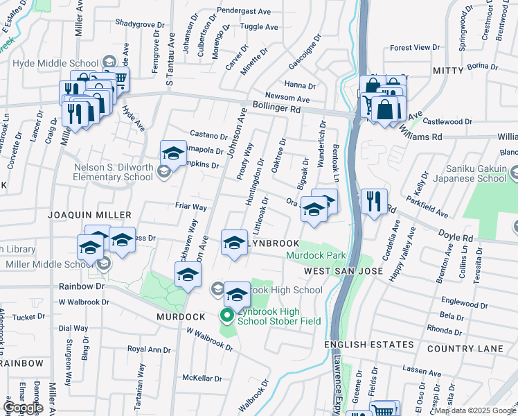 map of restaurants, bars, coffee shops, grocery stores, and more near 1118 Huntingdon Drive in San Jose