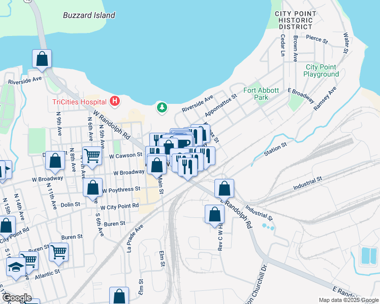 map of restaurants, bars, coffee shops, grocery stores, and more near 264 East Broadway in Hopewell