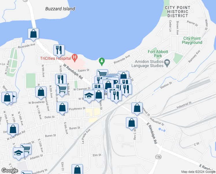 map of restaurants, bars, coffee shops, grocery stores, and more near 244 East Cawson Street in Hopewell
