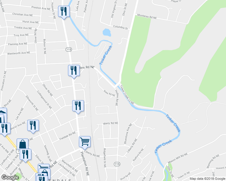 map of restaurants, bars, coffee shops, grocery stores, and more near in Roanoke