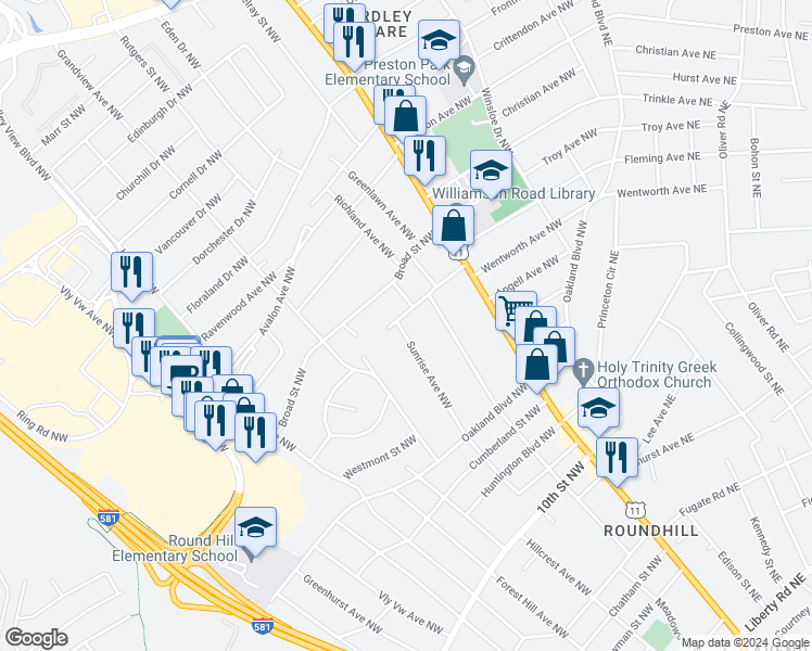 map of restaurants, bars, coffee shops, grocery stores, and more near 3751 Sunrise Avenue Northwest in Roanoke
