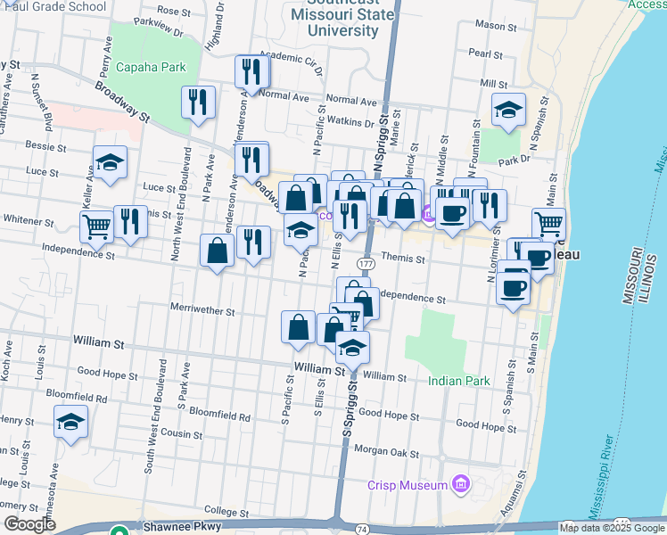 map of restaurants, bars, coffee shops, grocery stores, and more near 21 North Ellis Street in Cape Girardeau