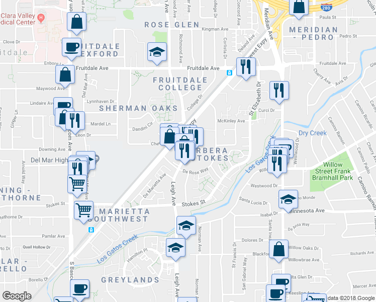 map of restaurants, bars, coffee shops, grocery stores, and more near 1056 Leigh Avenue in San Jose