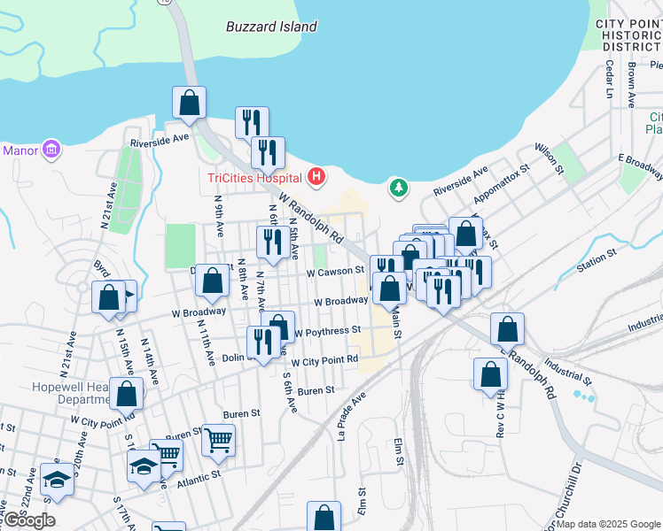 map of restaurants, bars, coffee shops, grocery stores, and more near 401 North 3 1/2 Avenue in Hopewell
