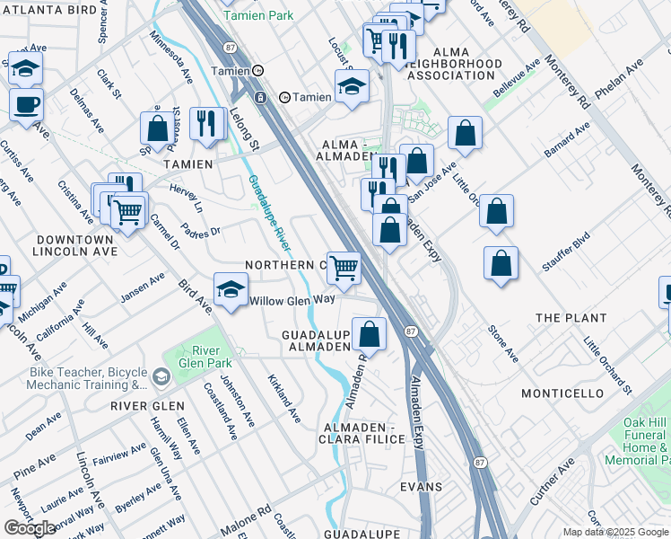 map of restaurants, bars, coffee shops, grocery stores, and more near 1689 Cross Way in San Jose