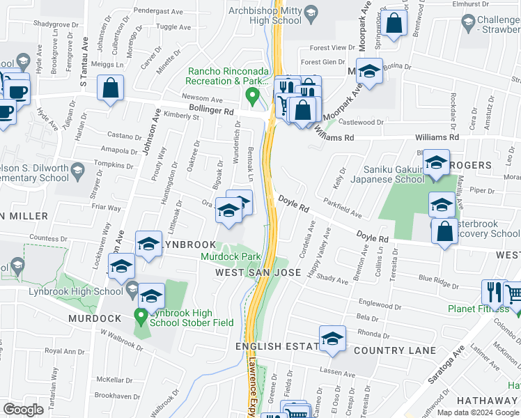 map of restaurants, bars, coffee shops, grocery stores, and more near 1154 Bentoak Lane in San Jose