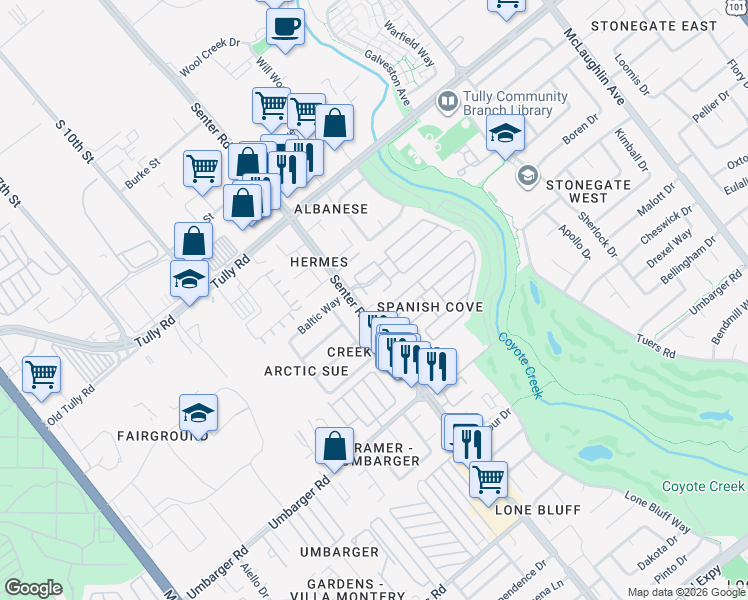 map of restaurants, bars, coffee shops, grocery stores, and more near 2600 Senter Road in San Jose