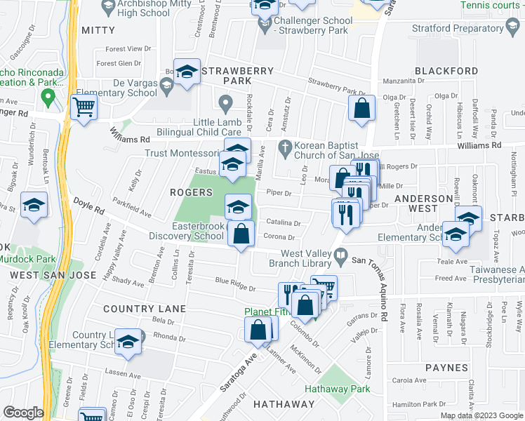map of restaurants, bars, coffee shops, grocery stores, and more near 4640 Venice Way in San Jose
