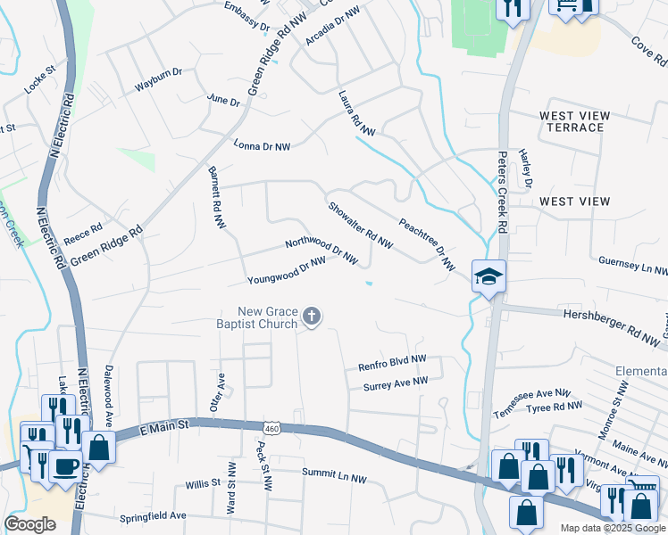 map of restaurants, bars, coffee shops, grocery stores, and more near 5010 Youngwood Drive Northwest in Roanoke