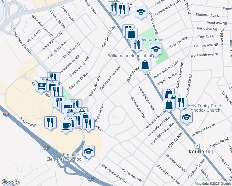 map of restaurants, bars, coffee shops, grocery stores, and more near 2625 Broad St NW in Roanoke