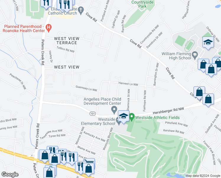 map of restaurants, bars, coffee shops, grocery stores, and more near 1639 Michael Street Northwest in Roanoke
