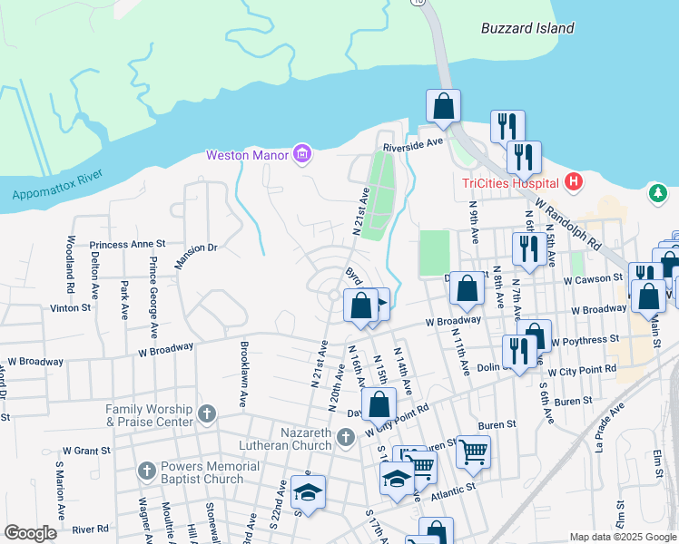 map of restaurants, bars, coffee shops, grocery stores, and more near 410 North 21st Avenue in Hopewell