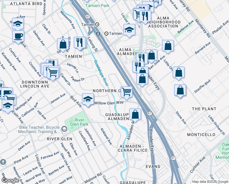 map of restaurants, bars, coffee shops, grocery stores, and more near 1641 Mackey Avenue in San Jose