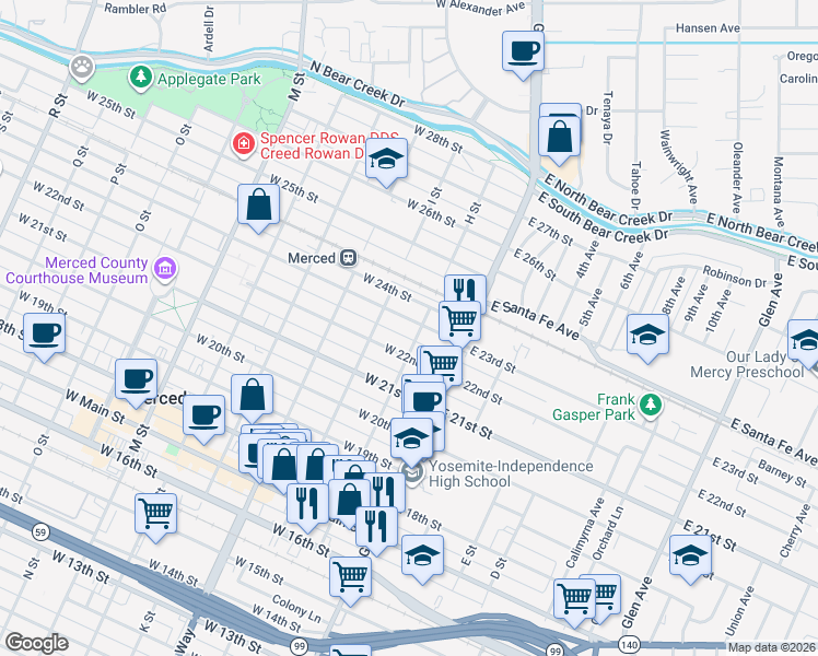 map of restaurants, bars, coffee shops, grocery stores, and more near 112 West 23rd Street in Merced