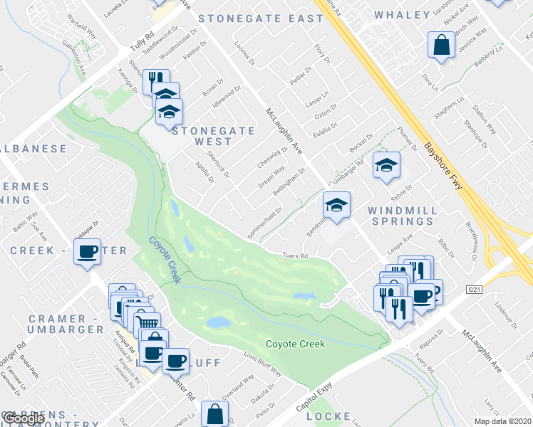 map of restaurants, bars, coffee shops, grocery stores, and more near 1029 Summerfield Drive in San Jose