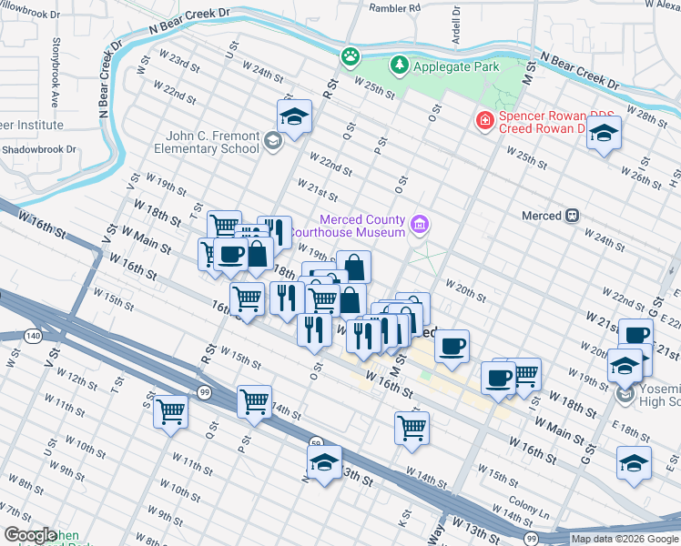 map of restaurants, bars, coffee shops, grocery stores, and more near 820 West 19th Street in Merced