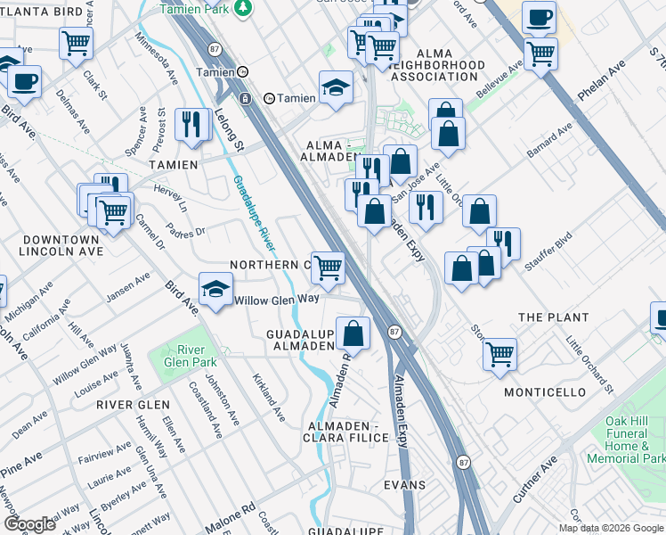map of restaurants, bars, coffee shops, grocery stores, and more near 1685 Cross Way in San Jose