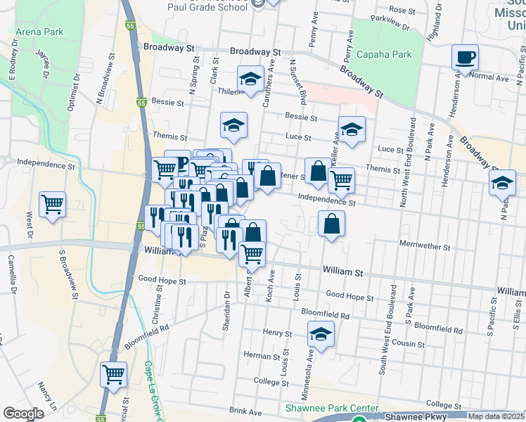 map of restaurants, bars, coffee shops, grocery stores, and more near 1749 Independence Street in Cape Girardeau